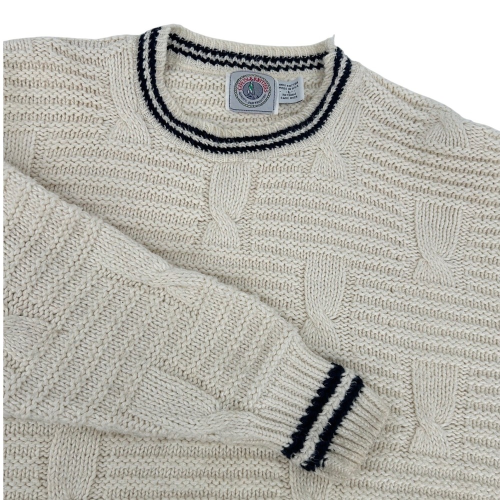 Vintage Cape Isle Knitters Mens Large Cotton Cable Knit Sweater Cream Navy USA